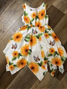 Sunflower Print Handkerchief Hem Casual Dress for Girls
